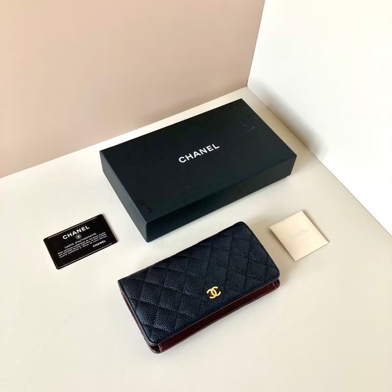 【LA LUNE】全套中古二手Chanel黑色金扣魚子醬皮革長夾錢包手袋-3