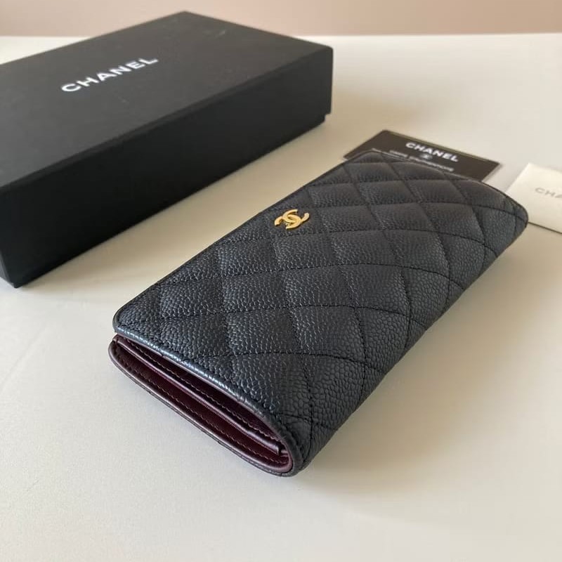 【LA LUNE】全套中古二手Chanel黑色金扣魚子醬皮革長夾錢包手袋-5