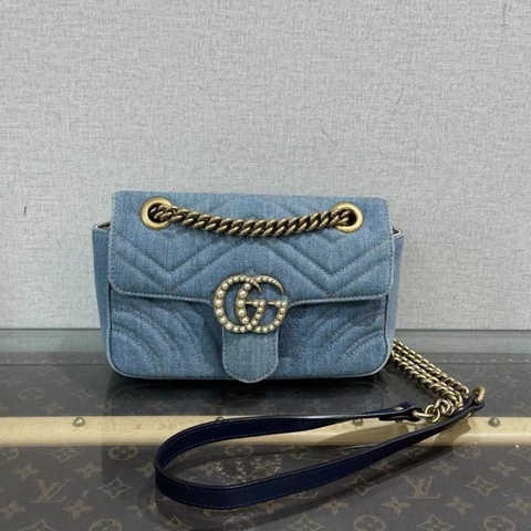 GUCCI 馬蒙22牛仔珍珠扣肩背斜背鏈條包 22*13*6 98新配件塵袋