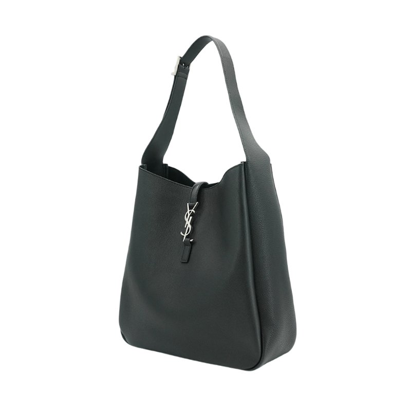 YSL LE 5A7 銀logo粒面牛皮Hobo肩背包-大(753837-黑)-1