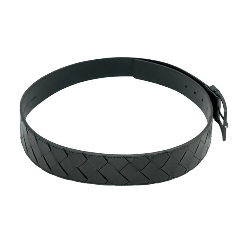 Bottega Veneta  編織牛皮銀刻紋方扣腰帶(837724-黑)-1