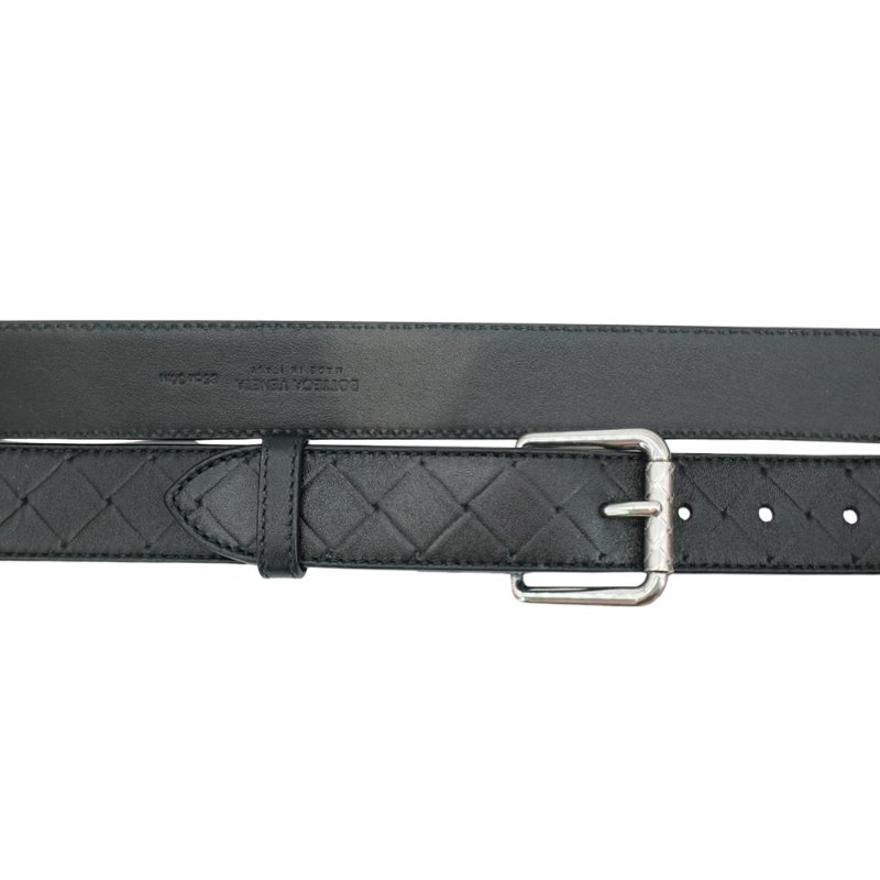 Bottega Veneta  編織牛皮銀刻紋方扣腰帶(837724-黑)-7