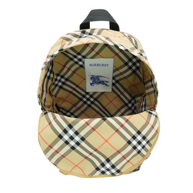 Burberry Vintage 格紋戰馬印花帆布拉鍊雙肩後背包(8091312-米)-4