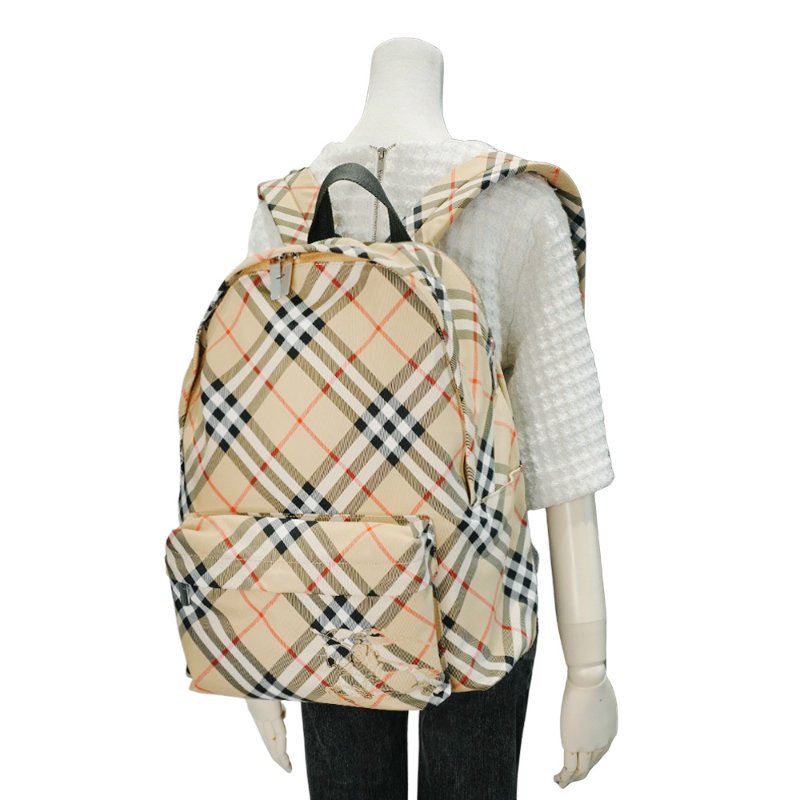 Burberry Vintage 格紋戰馬印花帆布拉鍊雙肩後背包(8091312-米)-5