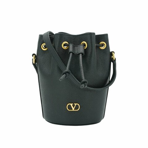 Valentino Garavani 金logo牛皮斜背水桶二用包(黑)
