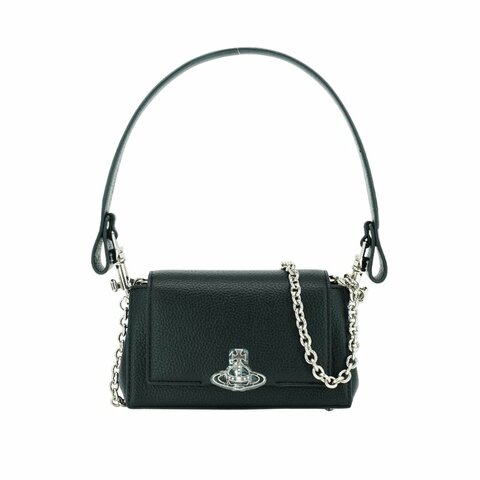 Vivienne Westwood 星球銀logo荔枝牛皮鏈帶兩用肩背包(黑)