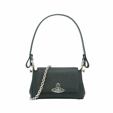 Vivienne Westwood 星球銀logo防刮皮鏈帶兩用肩背包(黑)