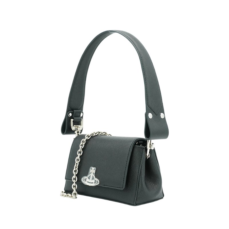 Vivienne Westwood 星球銀logo防刮皮鏈帶兩用肩背包(黑)-1