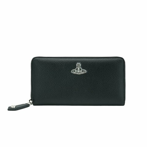 Vivienne Westwood 星球銀logo荔枝皮面拉鍊長夾(黑)