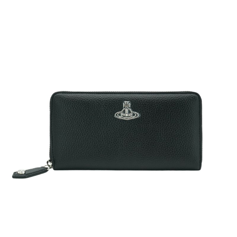 Vivienne Westwood 星球銀logo荔枝皮面拉鍊長夾(黑)-0