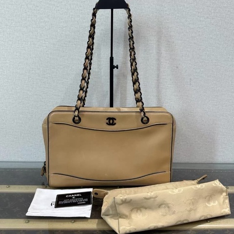 CHANEL 中古 奶茶色手提肩背鏈條包32*20*11 98新配件塵袋保卡