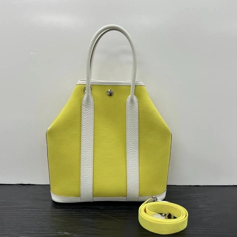 HERMES 銀扣帆布拼皮花園file28手提包 28*29*8 98新