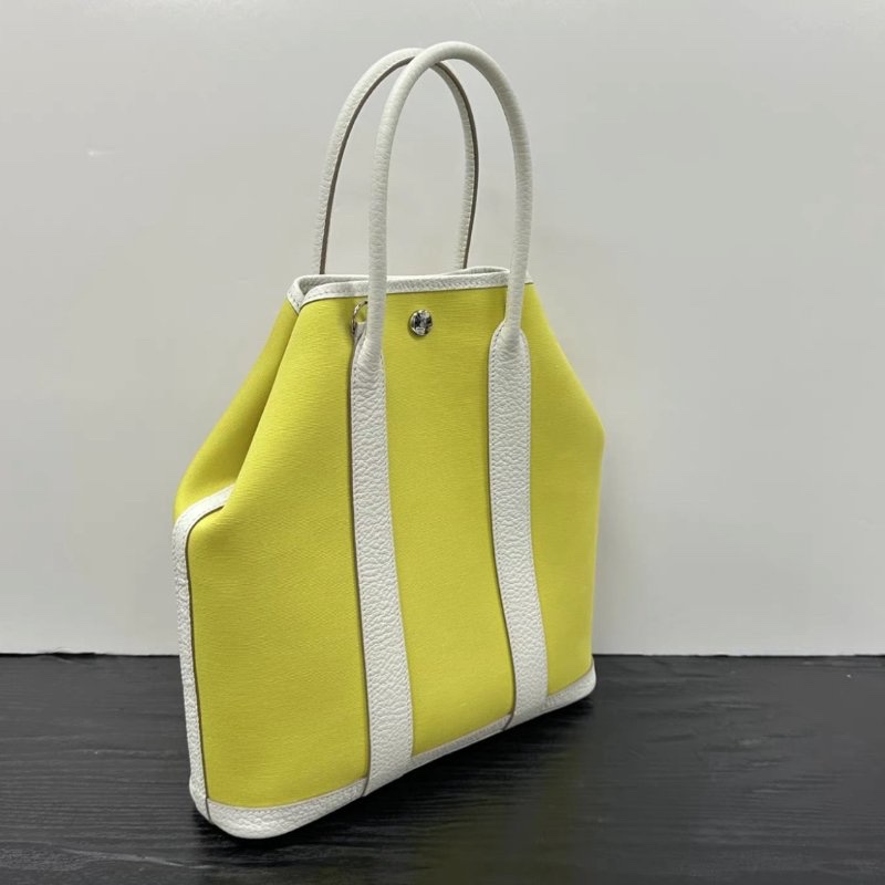 HERMES 銀扣帆布拼皮花園file28手提包 28*29*8 98新-1