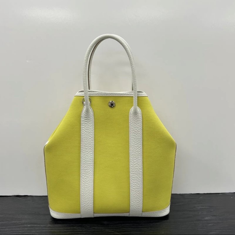 HERMES 銀扣帆布拼皮花園file28手提包 28*29*8 98新-5