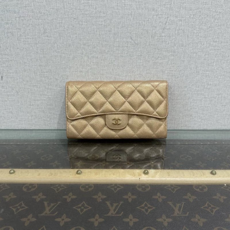 CHANEL 珠光香檳色金扣三折疊長款錢包 18*10.5*2 98新 配件塵袋-0