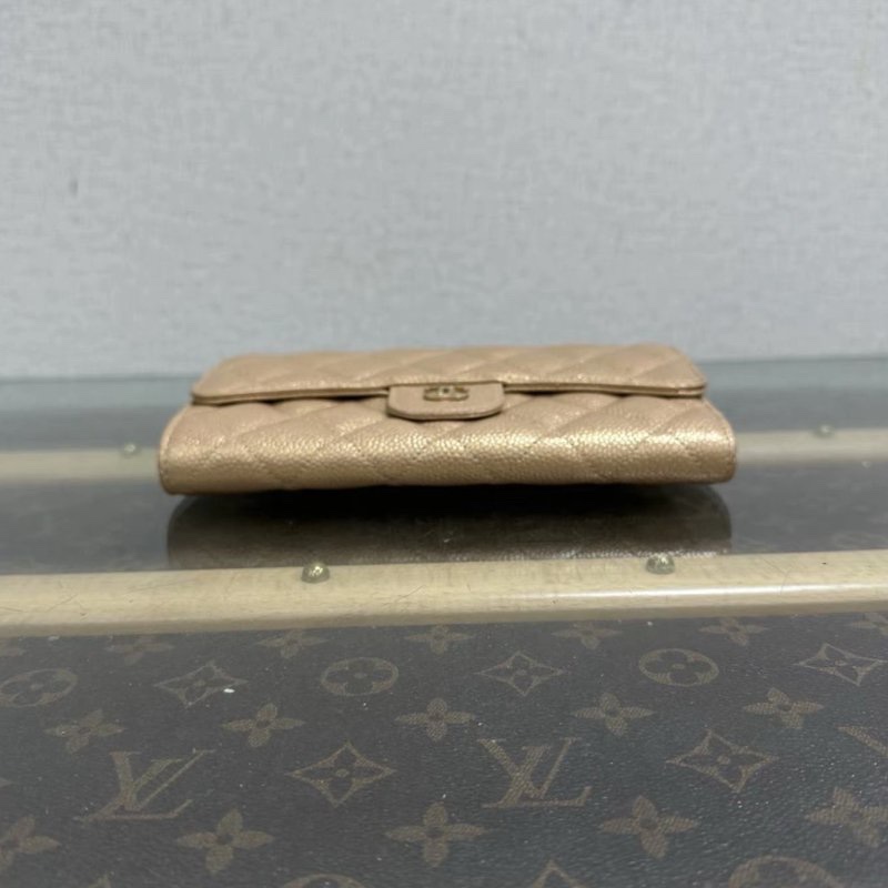 CHANEL 珠光香檳色金扣三折疊長款錢包 18*10.5*2 98新 配件塵袋-3