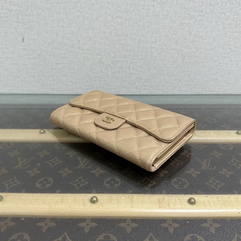 CHANEL 珠光香檳色金扣三折疊長款錢包 18*10.5*2 98新 配件塵袋-4