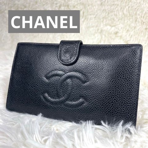 CHANEL 香奈兒 雙C Logo 荔枝皮 口金 長夾 黑色