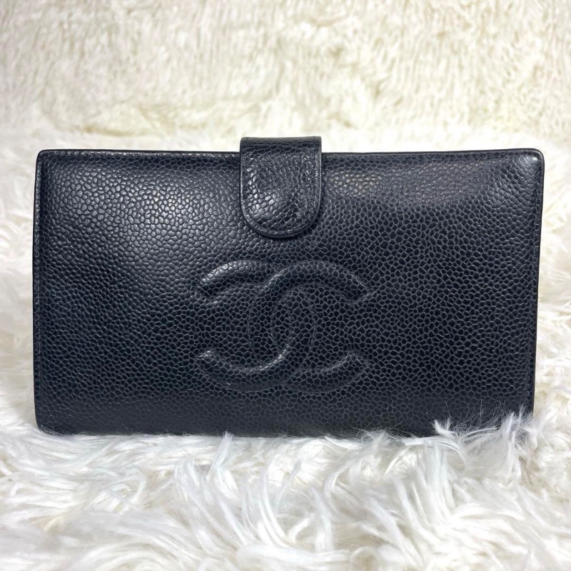 CHANEL 香奈兒 雙C Logo 荔枝皮 口金 長夾 黑色-1