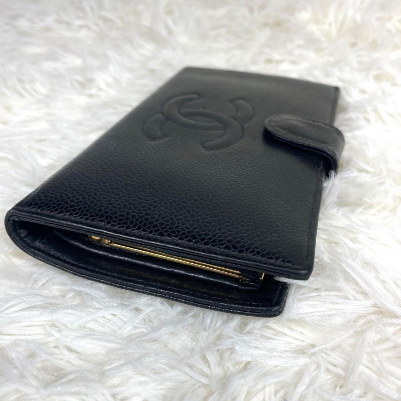 CHANEL 香奈兒 雙C Logo 荔枝皮 口金 長夾 黑色-7