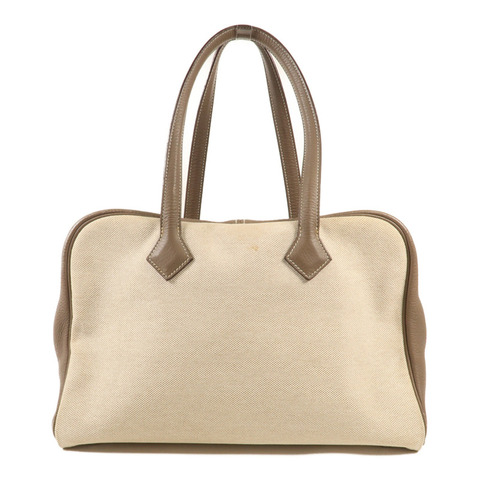 HERMES Clemence皮革/帆布Victoria 35銀扣手挽袋Beige
