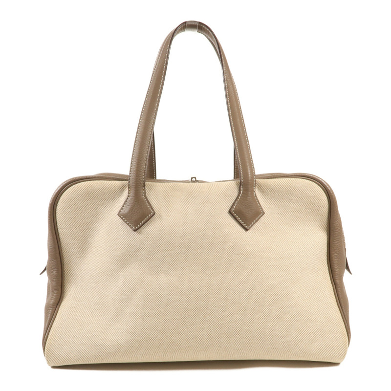 HERMES Clemence皮革/帆布Victoria 35銀扣手挽袋Beige-1