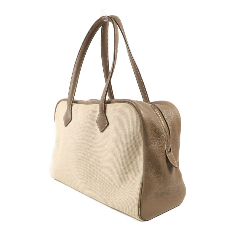 HERMES Clemence皮革/帆布Victoria 35銀扣手挽袋Beige-2