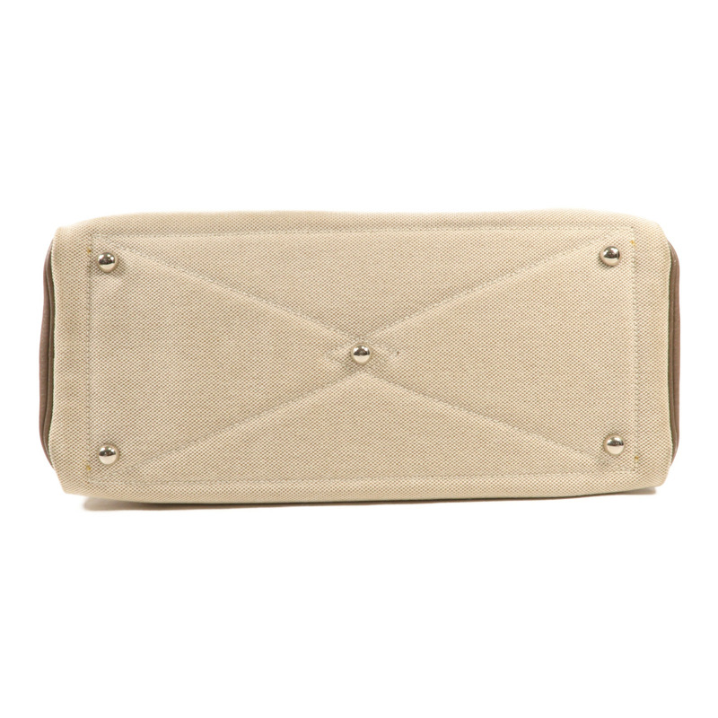 HERMES Clemence皮革/帆布Victoria 35銀扣手挽袋Beige-3