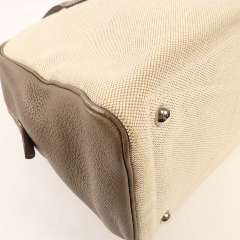 HERMES Clemence皮革/帆布Victoria 35銀扣手挽袋Beige-5