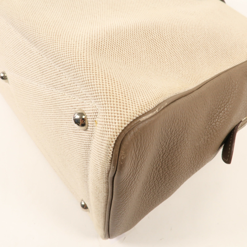 HERMES Clemence皮革/帆布Victoria 35銀扣手挽袋Beige-6