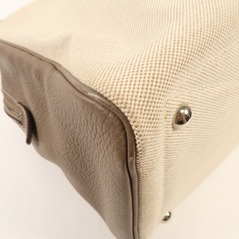 HERMES Clemence皮革/帆布Victoria 35銀扣手挽袋Beige-7