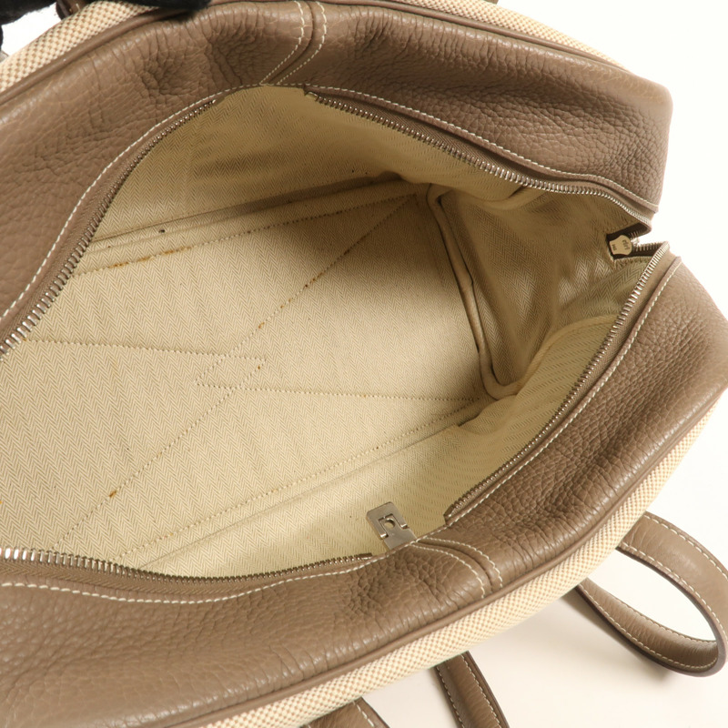 HERMES Clemence皮革/帆布Victoria 35銀扣手挽袋Beige-11