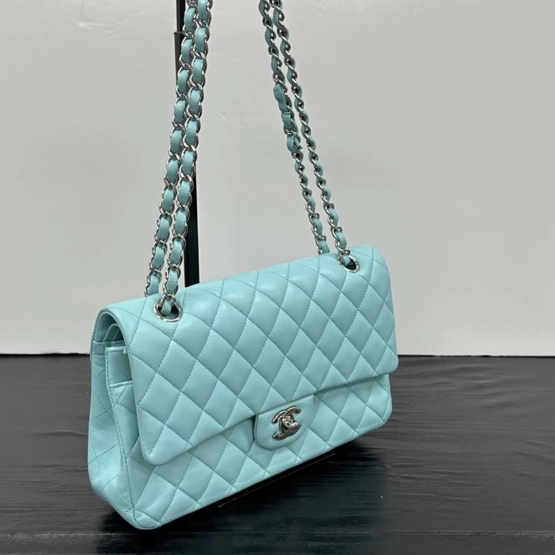 CHANEL Tiffany藍銀CF中號肩背斜背包 25*16*7 98新配件塵袋-1