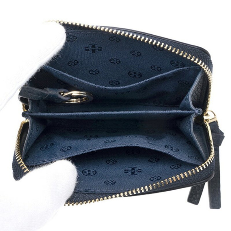 【TORY BURCH】素面皮革拉鍊短夾-深藍色-3