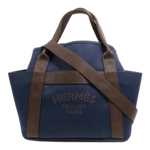 HERMES 帆布Sac De Pansage Groom銀扣手挽肩背兩用袋Bleu Indigo/Feu