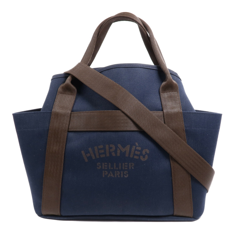 HERMES 帆布Sac De Pansage Groom銀扣手挽肩背兩用袋Bleu Indigo/Feu-0