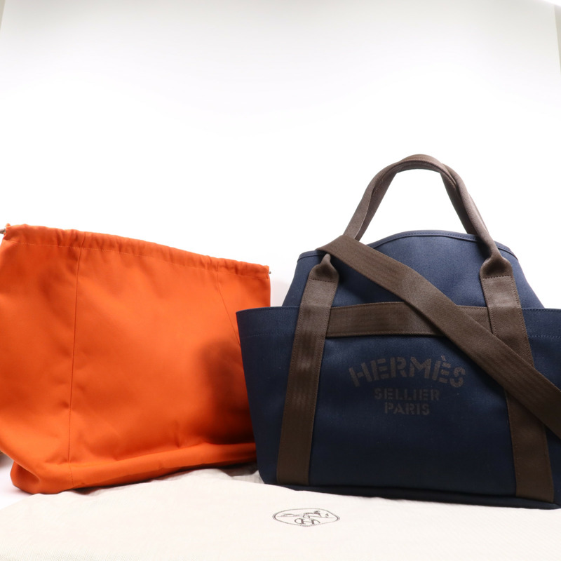 HERMES 帆布Sac De Pansage Groom銀扣手挽肩背兩用袋Bleu Indigo/Feu-13
