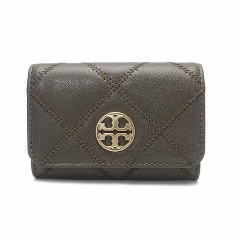 【TORY BURCH】菱格紋皮革零錢包-岩石灰