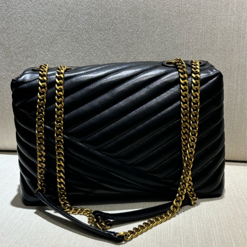 TORY BURCH Kira系列 大號 雙TLogo人字銜縫 翻蓋磁扣鏈條包單肩斜背包-1