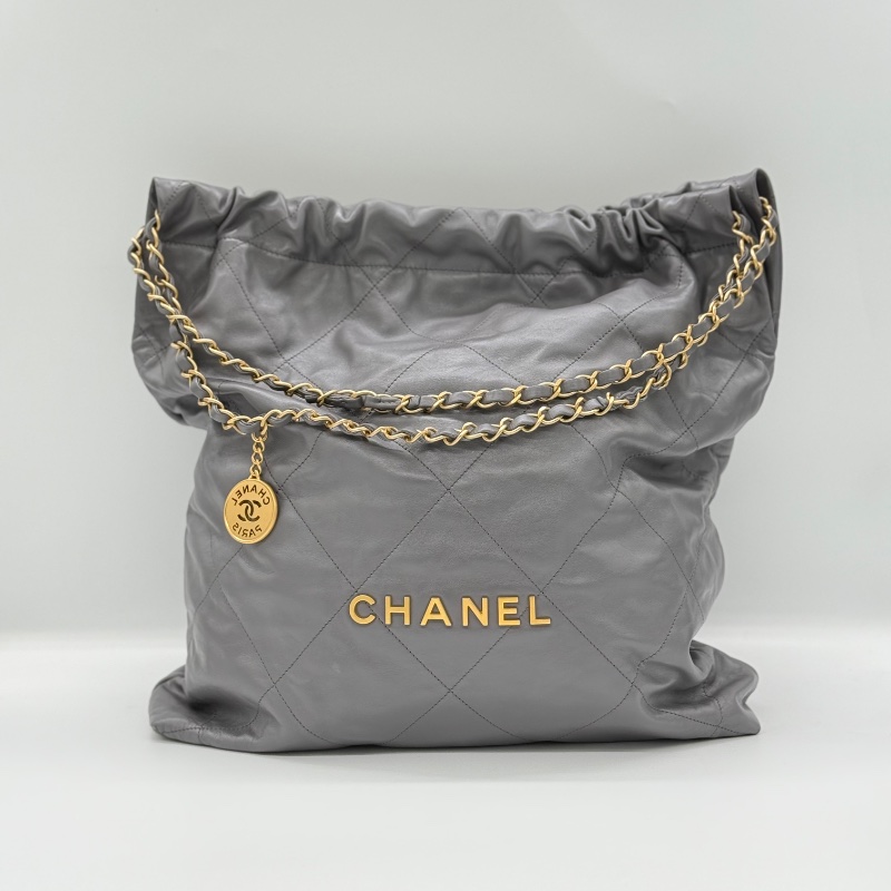 【近新配件齊✨晶片款】CHANEL 香奈兒 22BAG 灰色金鏈 大號托特 Tote 垃圾袋-0