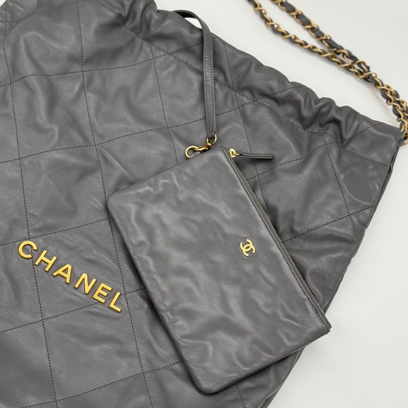 【近新配件齊✨晶片款】CHANEL 香奈兒 22BAG 灰色金鏈 大號托特 Tote 垃圾袋-1