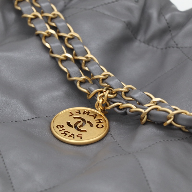 【近新配件齊✨晶片款】CHANEL 香奈兒 22BAG 灰色金鏈 大號托特 Tote 垃圾袋-4