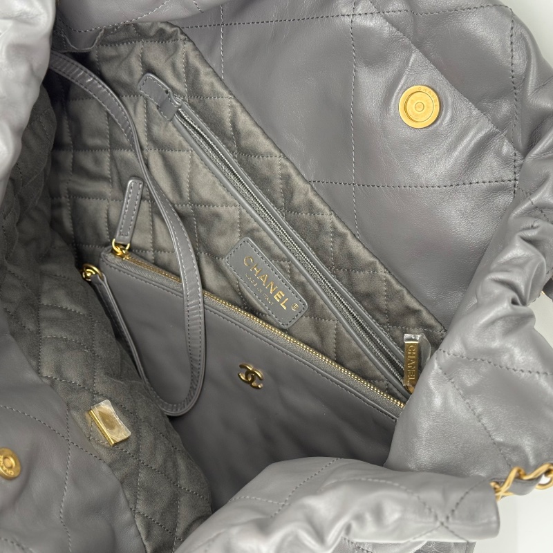 【近新配件齊✨晶片款】CHANEL 香奈兒 22BAG 灰色金鏈 大號托特 Tote 垃圾袋-5