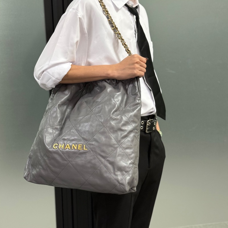 【近新配件齊✨晶片款】CHANEL 香奈兒 22BAG 灰色金鏈 大號托特 Tote 垃圾袋-10