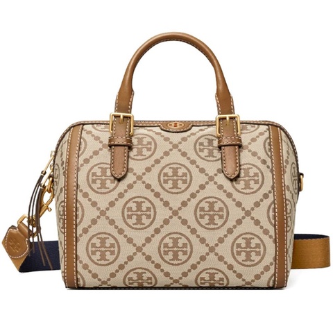Tory Burch 織布拼接皮革波士頓包-卡其