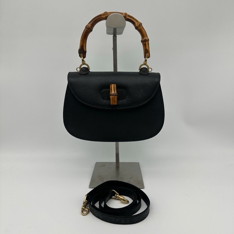 「JL精品代購」Gucci黑色牛皮竹節2way手提單肩包