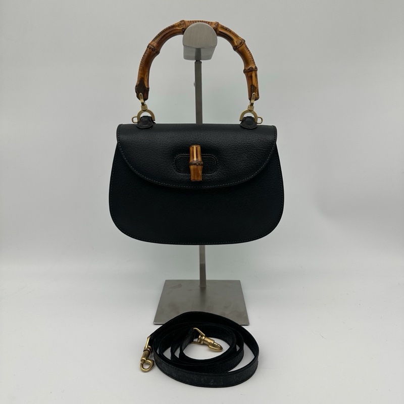 「JL精品代購」Gucci黑色牛皮竹節2way手提單肩包-0