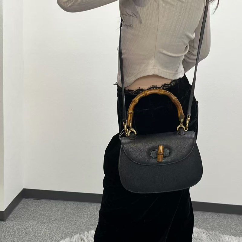 「JL精品代購」Gucci黑色牛皮竹節2way手提單肩包-1