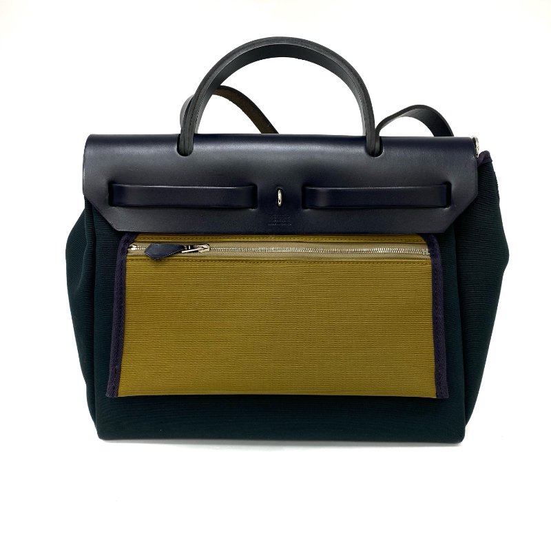 △ Hermes 愛馬仕 Herbag 31 Deep Green, Navy Canvas Calfskin Palladium-plated Hardware 2Way Bag Stamp Z 深綠色, 深藍色帆布小牛皮銀扣兩用袋 Z刻 -257019161-2