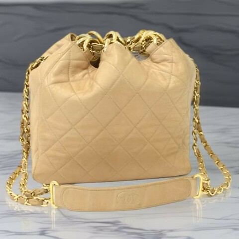 【LA LUNE】絕版中古包 Chanel古董米色水桶包 側背包 單肩包 斜背包 二手包